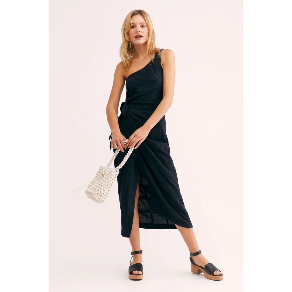Free People At Leisure Wrap Midi Dress Small One Shoulder Cotton Black